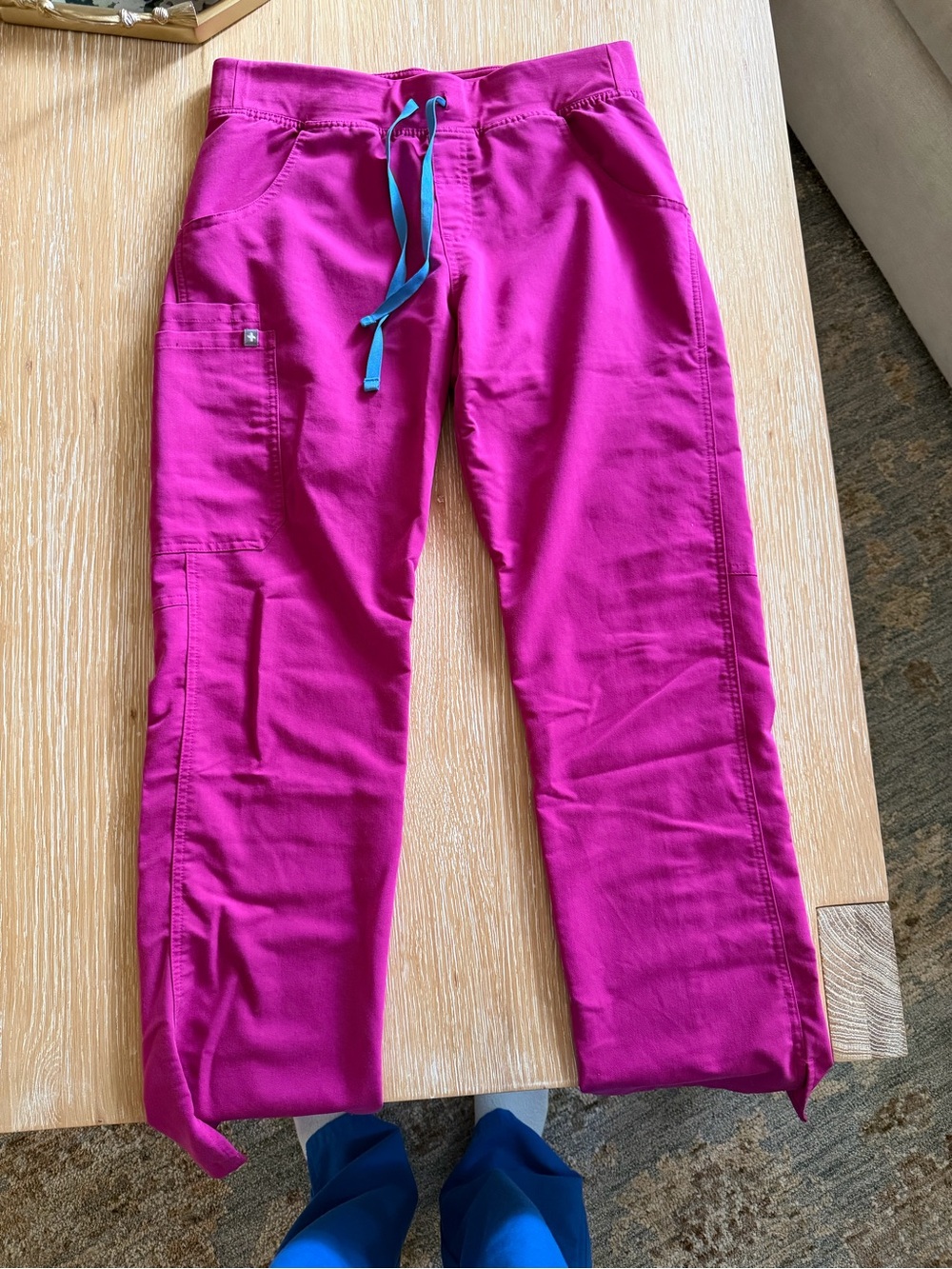 Figs Magenta Drawstring Scrub wide leg pants with blue Accent
